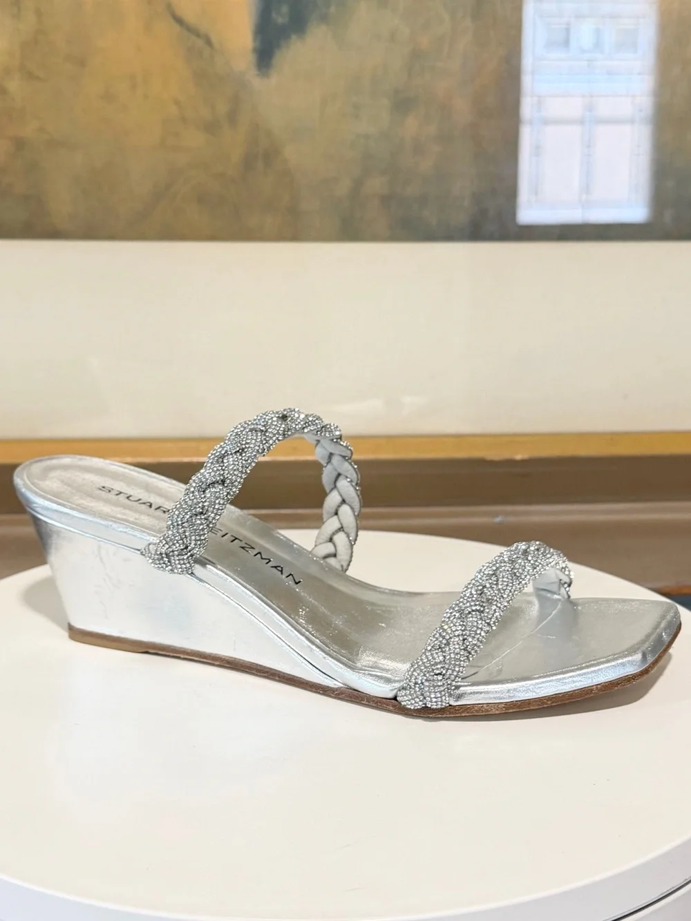 🌹STUART WEITZMAN🌹 Highshine Crystal Braid Wedge Sandals In Silver Size: 5.5 B - Picture 2 of 16
